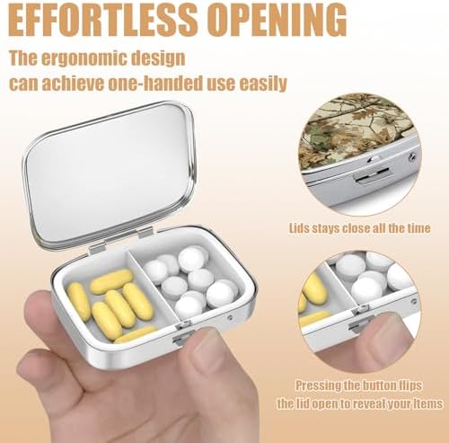 Pill Box-2 Compartment Small Pill Case Square Organizer Case with Mirror Portable Metal Medicine Box Travel Container for Pocket & Purse Women Men(Camo Forest)