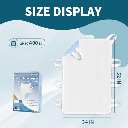 Washable Bed Pads with 8 Sturdy Handles 34”×52” Extra Large Reusable Underpads 4-Layers Leakproof Chucks Pads Washable for Incontinence (1 Pack; Blue)