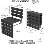 Folding Wall Mounted Teak Wood Shower Seat with Backrest, Water Resistant Foldable Bathroom Stool with Legs, Premium Materials Handmade Shoe Changing Bench, Space Saving and Super Safe Chair (Black)