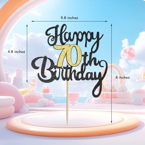 70th Happy Birthday Cake Topper, Glitter Happy 70th Birthday Cake Topper for Birthday Party Cake Decoration(Black with Gold)