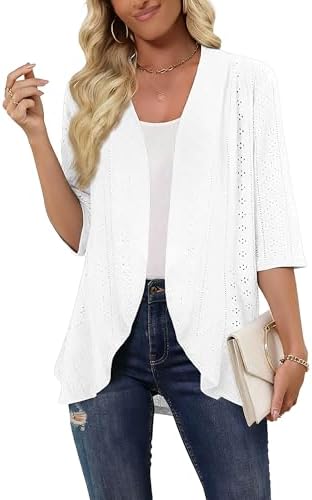 Askyes Women Cardigan 3/4 Sleeves Open Front Lightweight Soft Netted Knit Draped Ruffles Cardigan Kimono Cover Ups