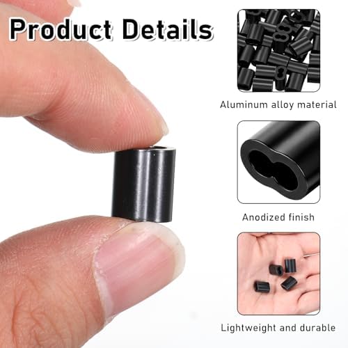 1/8" Aluminum Crimping Loop Sleeve Black Cable Ferrule Wire Rope Crimping Loop Sleeves Cable Crimps Wire Ferrules for Cables Wires Rope 50Pcs (M3)