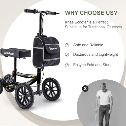 Knee Scooter, 300lbs Capacity, 13" Big PU Seat, Disc Brake Knee Walker, All Terrain Foldable Knee Scooter Walker with Bag for Foot Injuries Compact Crutches Alternative (Black)