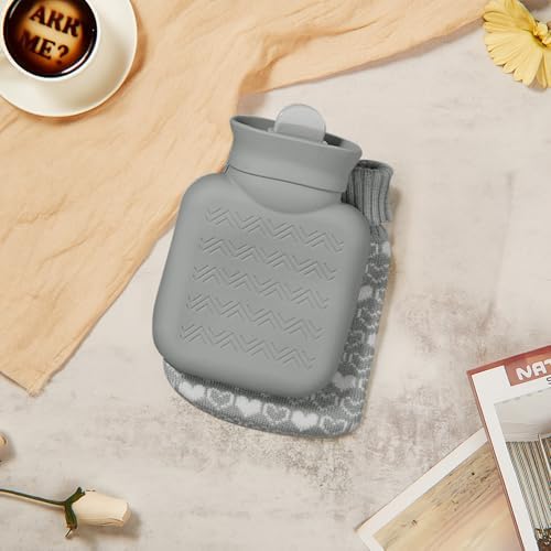 Amylove Mini Hot Water Bottle with Knitted Cover 320ml, Mother's Gift Water Bag for Women, Microwave Heating Bottle for Pain Relief Menstrual Cramps Travel(Gray)