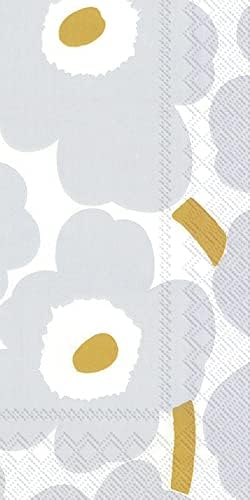 IHR Ideal Home Range Dinner Napkins Marimekko Disposable 3-Ply Paper Hand Towels, 8.5" x 4.5", Unikko White Silver, 16-Count