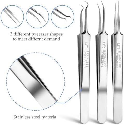 4 PCS Blackhead Remover Tool Include Blackhead Tweezers and Ingrown Hair Tweezers, Precision Blackhead Pimple Extractor for Pimple Whitehead Ance, Curved Tip Lash Tweezers for Eyelash Extension