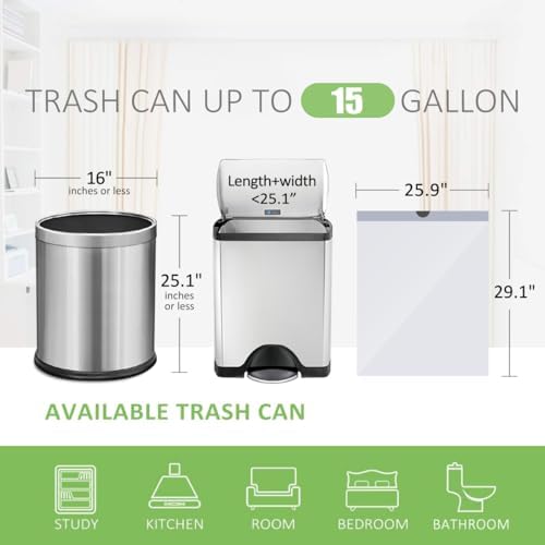 15 Gallon 120 Counts Strong Drawstring Trash Bags Garbage Bags by Teivio, Bathroom Trash Can Bin Liners, Plastic Bags for home office kitchen, White