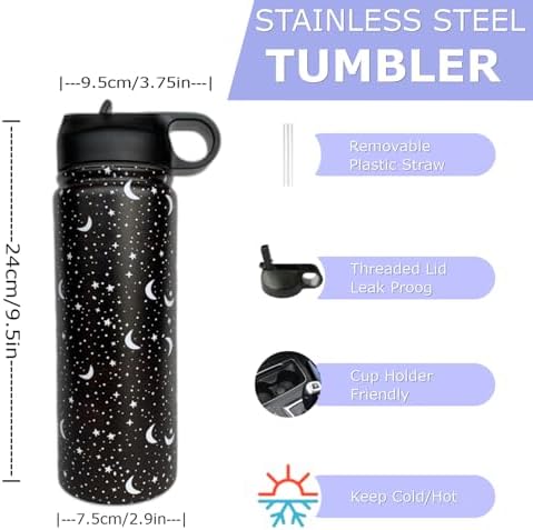 Goth Tumbler with Straw and Lid Gift for Boys Girls Gothic Water Bottle Halloween Travel Kettle Cup for Car Cold and Hot Stainless Steel Double Wall Insulated Mug (star moon, 18oz)