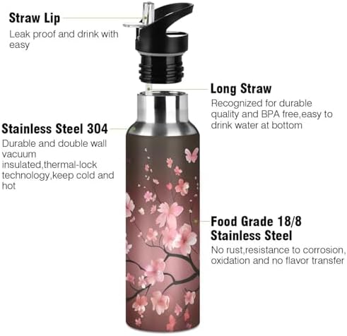 ALAZA Cherry Blossom Pattern Water Bottle with Straw Lid Vacuum Insulated Stainless Steel Thermo Flask Water Bottle 20oz
