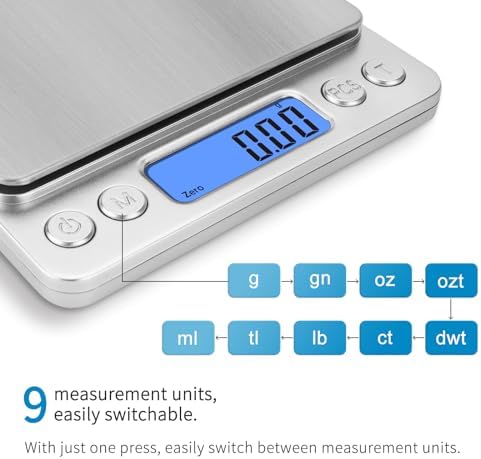 Digital Gram Scale 500g 0.01g Food Scale High Precision Kitchen Scale Multifunctional Stainless Steel Pocket Scale with Back-Lit LCD Display Tare PCS Features Silver