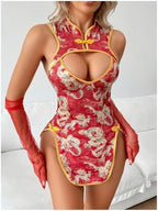 WDIRARA Women's Dragon Print Cut Out Cheongsam Lingerie Dress Slit Open Back Qipao Costume Outfits