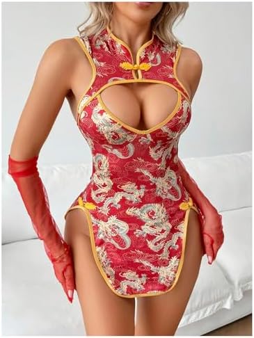 WDIRARA Women's Dragon Print Cut Out Cheongsam Lingerie Dress Slit Open Back Qipao Costume Outfits