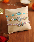 Set of 3 Evil Eye Rakhi for Brothers with Raksha Bandhan Greeting Card & Roli Chawal Tika | Elephant Rakhi for Small Brother Bhaiya | Designer Evil Eye Bracelet Rakhi for Brothers