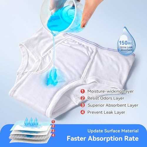 Carer Mens Incontinence Underwear Washable 3 Pack Cotton Reusable Incontinence Boxers Briefs for Men Built in Cotton Pad for Bladder Leakage 150ML, Large