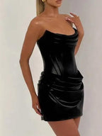 Women's PU Leather Pleated Strapless Sleeveless Backless Mini Dress Elegant Sexy Summer Party Dress