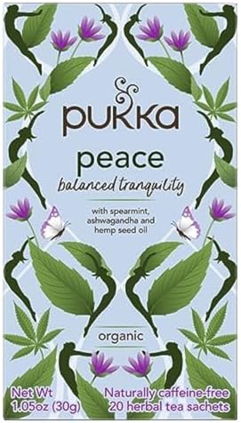 Pukka Peace Organic Tea Bags, Herbal Tea with Spearmint, Ashwagandha, and Hemp Seed Oil, Perfect for Balanced Tranquility, Caffeine Free, 80 Total Tea Bags (20ct - Pack of 4)