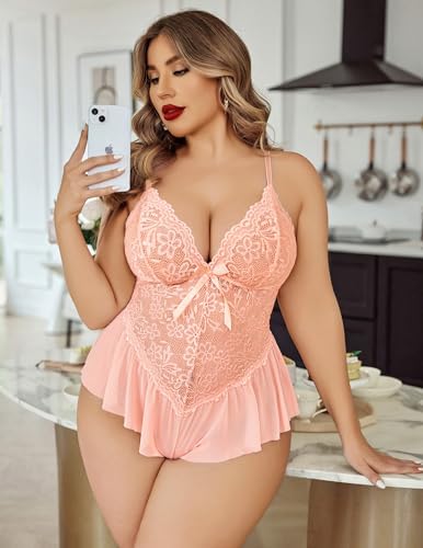 Avidlove Plus Size Lingerie for Women Lace Bodysuit One Piece Teddy Babydoll Mesh Chemise V Neck Sleepwear L-5XL