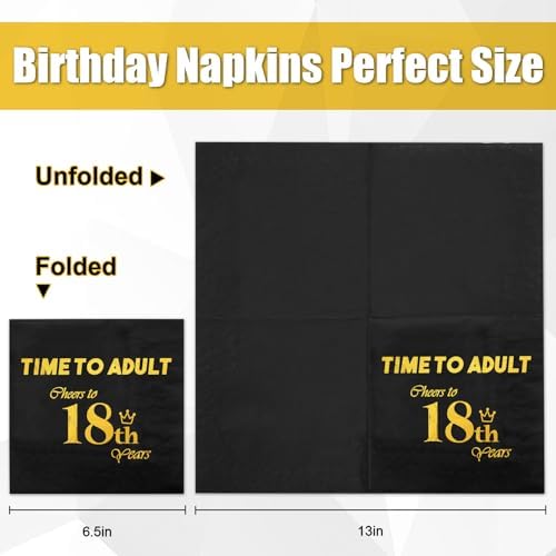 Time To Adult Cocktail Napkins, Disposable Black Gold Birthday Party Paper Napkins, 6.5 x 6.5 Inches 18th Anniversary Birthday Beverage Napkins for Boys Girls Birthday Party Decorations