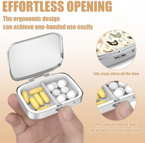 Pill Box-2 Compartment Small Pill Case Square Organizer Case with Mirror Portable Metal Medicine Box Travel Container for Pocket & Purse Women Men（Rustic Chicken）