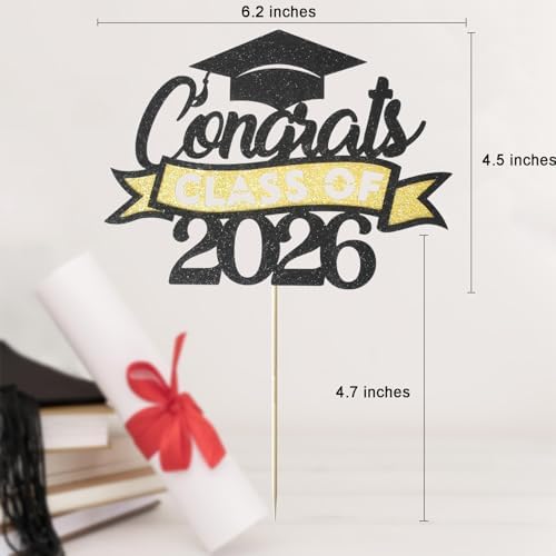 Graduation Cake Topper Class of 2026, Congrats Grad Cake Picks - Glitter Graduation Cake Decorations, 2026 Graduation Party Supplies for High School College University(Black with Gold)