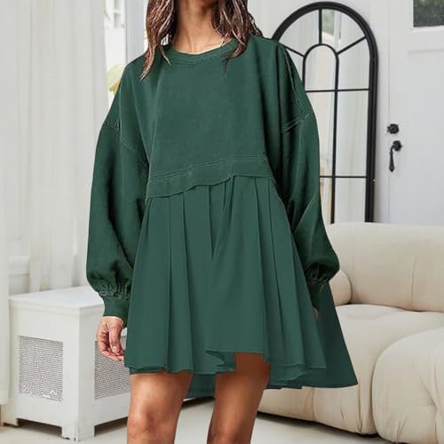 Womens Pleated Sweatshirt Dress Casual Long Sleeve A Line Lightweight Patchwork Crewneck Dresses Fall Trendy