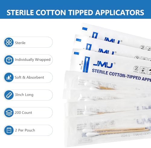 JMU Sterile Cotton Tipped Applicators 3", 200 Count Sterile Cotton Swabs, Wood Shaft Medical Swabs