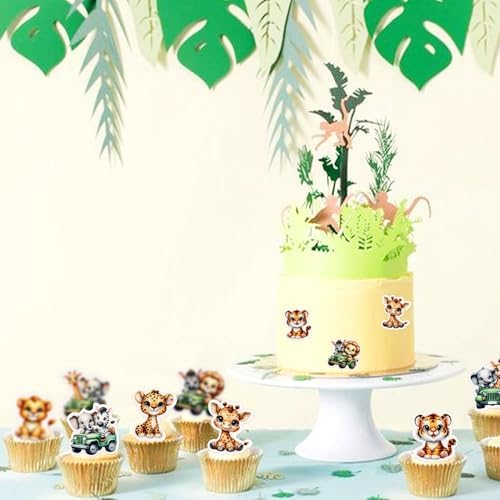 40Pcs Edible Cute Safari Animal Baby Cupcake Toppers Edible Lion Tiger Giraffe Elephant Babies Cupcake Picks for Safari Animal Baby Shower Kids Boys Girls Birthday Cake Decorations Supplies