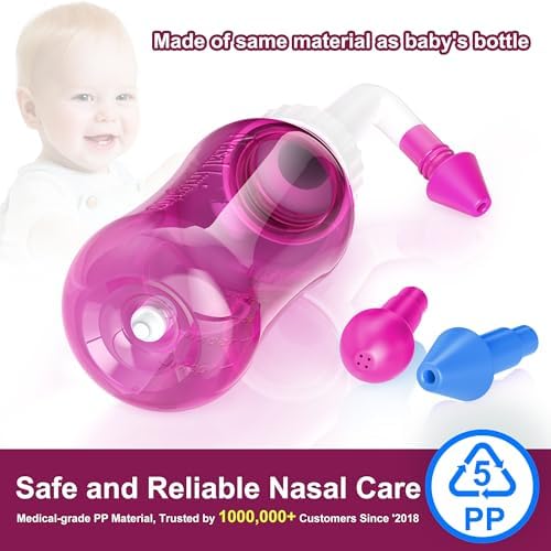 Neti Pot Sinus Rinse Bottle Nose Wash Cleaner Pressure Rinse Nasal Irrigation for Adult & Kid BPA Free 300 ML with 30 Nasal Wash Salt Packets and Sticker Thermometer (Pink)