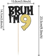 1 PCS Bruh I'm 9 Cake Topper Glitter Happy 9th Birthday Cake Pick Bro I'm 9 Cake Decoration It's My 9th Birthday Decorations for Cheers to 9 Years Old Anniversary Party Supplies Gold