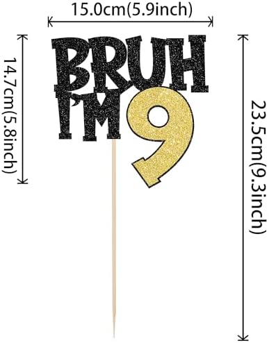 1 PCS Bruh I'm 9 Cake Topper Glitter Happy 9th Birthday Cake Pick Bro I'm 9 Cake Decoration It's My 9th Birthday Decorations for Cheers to 9 Years Old Anniversary Party Supplies Gold