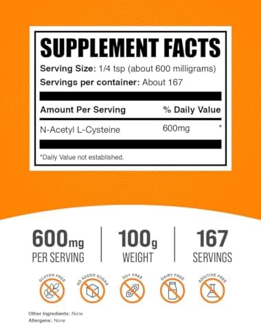 BulkSupplements.com NAC Powder - N-Acetyl Cysteine 600mg, NAC Supplement - Antioxidant Support, Gluten Free - 600mg per Serving, 167 Servings, 100g (3.5 oz) (Pack of 1)