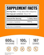 BulkSupplements.com NAC Powder - N-Acetyl Cysteine 600mg, NAC Supplement - Antioxidant Support, Gluten Free - 600mg per Serving, 167 Servings, 100g (3.5 oz) (Pack of 1)