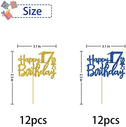 Happy 17th Birthday Cupcake Toppers - Girl Boy 17 Years Old Bday Cupcake Supplies - 17th Birthday Party Decorations - 24 PCS Blue & Gold Glitter