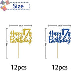 Happy 17th Birthday Cupcake Toppers - Girl Boy 17 Years Old Bday Cupcake Supplies - 17th Birthday Party Decorations - 24 PCS Blue & Gold Glitter