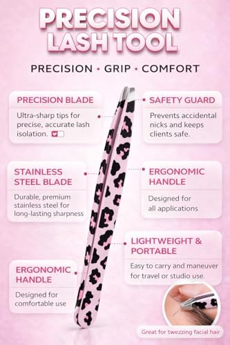 Pink Cheetah Print Precision Tweezers – Professional Slant Tip for Eyebrows & Facial Hair Removal | Stainless Steel, Ultra-Precise Grip | Travel-Friendly Beauty Tool