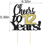 LVEUD Black Font Golden Numbers Cheers to 12 Years Happy Birthday Cake Topper -Wedding,Anniversary,Birthday Party Decorations (12th)