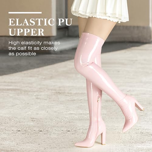 WSKEISP Thigh High Boots for Women Gogo Boot Heeled Over The Knee High Patent Leather 70s Long Tall Boots