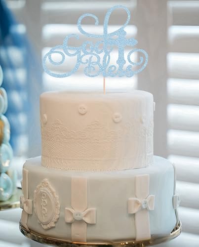 God Bless Cake Topper - Light Blue Glitter Baptism Cake Decorating Supplies for Boys or Girls, Baptism Sign Divine Blessings Cake Decor for Baby Shower, Christening Photo Booth Props