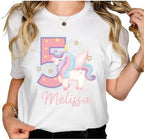Custom Birthday Unicorn Girl T-Shirt, Personalized Unicorn Birthday Outfit, Rainbow Pastel Shirt with Name & Age for Girls