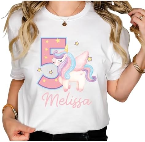 Custom Birthday Unicorn Girl T-Shirt, Personalized Unicorn Birthday Outfit, Rainbow Pastel Shirt with Name & Age for Girls