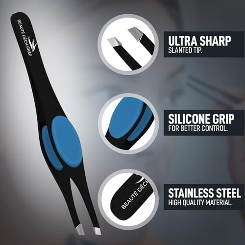 Professional Tweezers for Women, Men Wide Grip Slant Tip Premium Tweezers Set 2 Pieces Stainless Steel Eyebrow Tweezers for Ingrown Hair Removal & Plucking