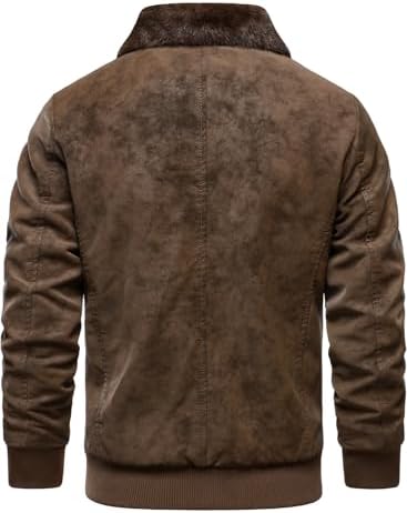 HOOD CREW Men’s Faux Fur Flight Bomber Jacket Vintage Winter Coats Fleece Lined Leather Jackets