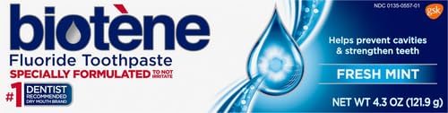 biotène Fluoride Toothpaste for Dry Mouth Symptoms, Bad Breath Treatment and Cavity Prevention, Fresh Mint - 4.3 oz (Pack of 2)