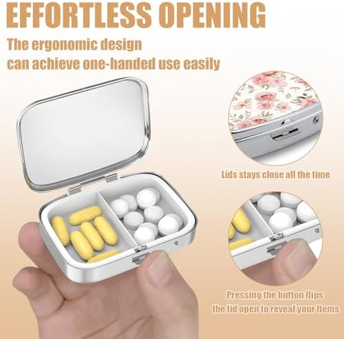 Pill Box-2 Compartment Small Pill Case Square Organizer Case with Mirror Portable Metal Medicine Box Travel Container for Pocket & Purse Women Men(Pink Spring Floral)