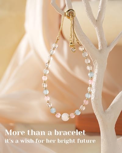 HGDEER Natural Crystal Bracelet 13th 16th Birthday Gifts for Girls - Rose Quartz Moonstone Aquamarine Healing Stones Jewelry with Meaning Card for Daughter Granddaughter