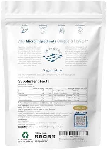 Micro Ingredients Omega 3 Fish Oil Supplements 3,000mg Per Serving, 240 Softgels | Lemon Flavored – Burpless | EPA 540mg + DHA 360mg | Deep Sea Fish