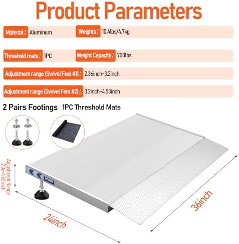 Threshold Ramp for Wheelchairs, 1.6-4.7" Rise and 24"×36" Platform Aluminum Wheelchair Ramp, Door Threshold Ramps with a Non-Slip Thick Door Mat