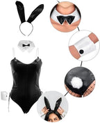 Womens Leather Bodysuit Outfits Sexy Bunny Cosplay Costume Set Black PU Lingerie One Piece Fancy Anime Wet Look Clubwear Naughty Teddy Leotard Shiny Catsuit for Halloween