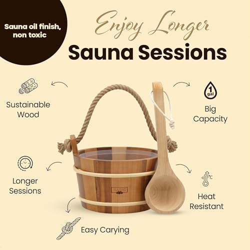 Sauna Bucket and Ladle Set – Handcrafted from Canadian Red Cedar Wood – 1 Gallon (4Liters) Water Capacity – Leakproof Liner – Natural Rope Handle - Luxury Sauna Accessories Set