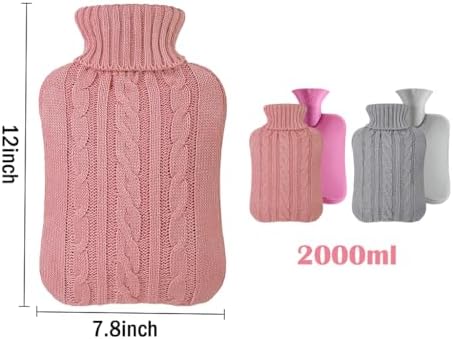 2pcs Rubber Hot Water Bottle with Knitted Cover, Warm Water Heat Bottles for Menstrual Cramps, Pain Relief, Winter Gift 2 Liter (Grey, Pink)
